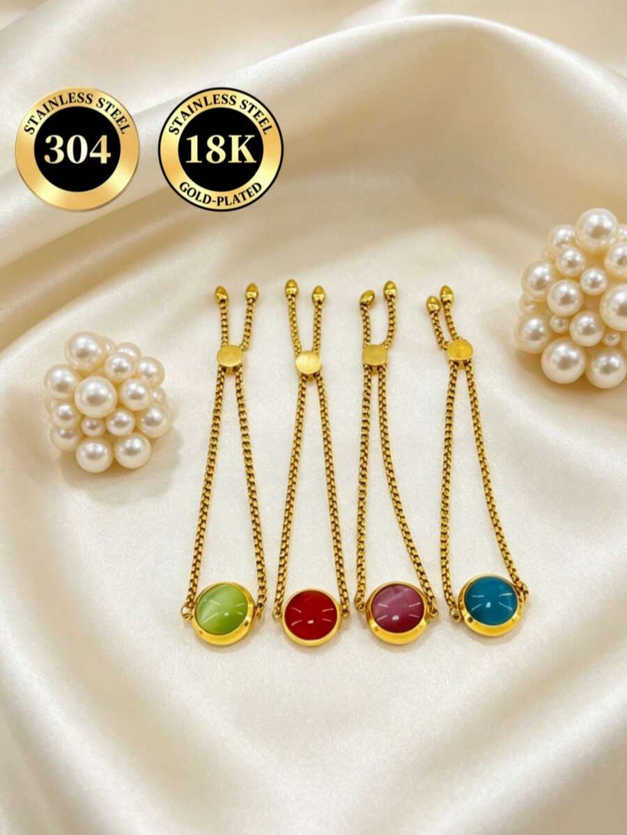 Pulsera ajustable de acero inoxidable con piedra de ojo de gato verde menta, joyería de lujo chapada en oro de 18K para el día a día