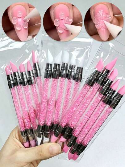 5pcs/Set Double-Headed Rhinestone Silicone Nail Art Brushes, 3D Flower Carving Nail Brushes, Suitable For Nail Salons And Home Use, Great For Beginners, Fully Meets The Needs Of DIY Nail Art Enthusiasts. Painting And Sculpting Nail Tools, Nail Brushes, Nail Art Tools, DIY Nail Art Tool Accessories, Designed For Nail Technicians. (5pcs/1pc Optional)