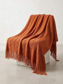 1pc Wavy Pattern Blanket, Nordic Style Acrylic Rectangular Tassel Solid Color Sofa Cover Blanket, Bedding Decor Throw Rug, Nap Blanket, Knitted Blanket - Vertical Three-bend Caramel - View 3