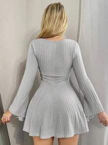 Vestido casual de color sólido de otoño e invierno europeo y americano. - Gris - Ver 3