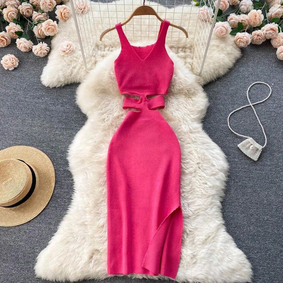 YuooMuoo vestido de mujer Sexy recortado paquete de cintura caderas vestido ceñido dividido moda de verano señora Vestidos de fiesta de punto vestido veraniego - Rosa Roja - Ver 1