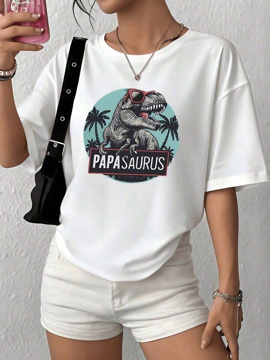 Wo Summer Casual Soft Round Neck Short Sleeve T-shirt,Ilustración divertida de un dinosaurio T Rex con gafas de sol entre palmeras transmitiendo energía alegre en tonos tropicales camiseta de mujer 100% algodón casualt,Tops for Going Out,Cotton,Vintage,European and American Street Style,Sporty Casual,Unisex Style,Urban Casual Style,Nice Tops,G - Blanco - Ver 1