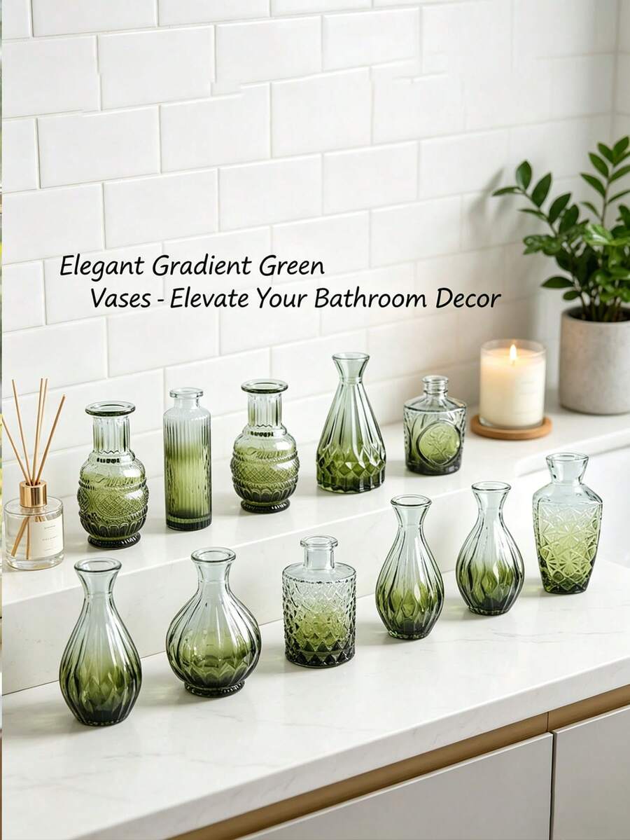 1 Set Ombre Green Glass Vase, Fashionable Transparent Glass Vase, Bohemian Glass Vase Set, Flower Vase, Rustic Wedding Mini Vase, Home & Dining Table Decor, Christmas Decor Bottle, Small Vintage Glass Vase, Bulk Clear Bud Vase, Diffuser Bottle, Centerpiece, Cute Clear Bud Vase, For Home Fresh Flower Wedding Decor