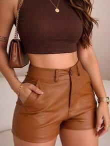 Black Faux Leather High-Waisted Shorts – Style And Elegance - 駝色 - 查看 8