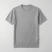 Men's Solid Color Textured Knit Short Sleeve T-Shirt, Retro Style Round Neck Business Casual Pullover Sweater Top For Summer - Light Grey - View 8