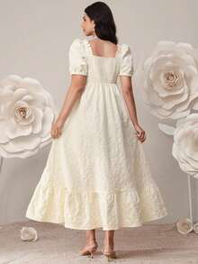 Vestido elegante de maternidad con cuello cuadrado, mangas abullonadas y estampado floral jacquard - Albaricoque - Ver 2