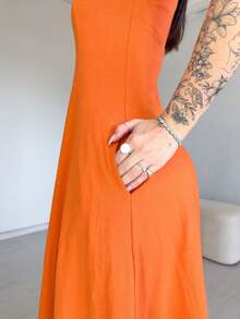 Long, Flared Dress, 100% Cotton, With Pocket And Slit. - Terracotta - View 4
