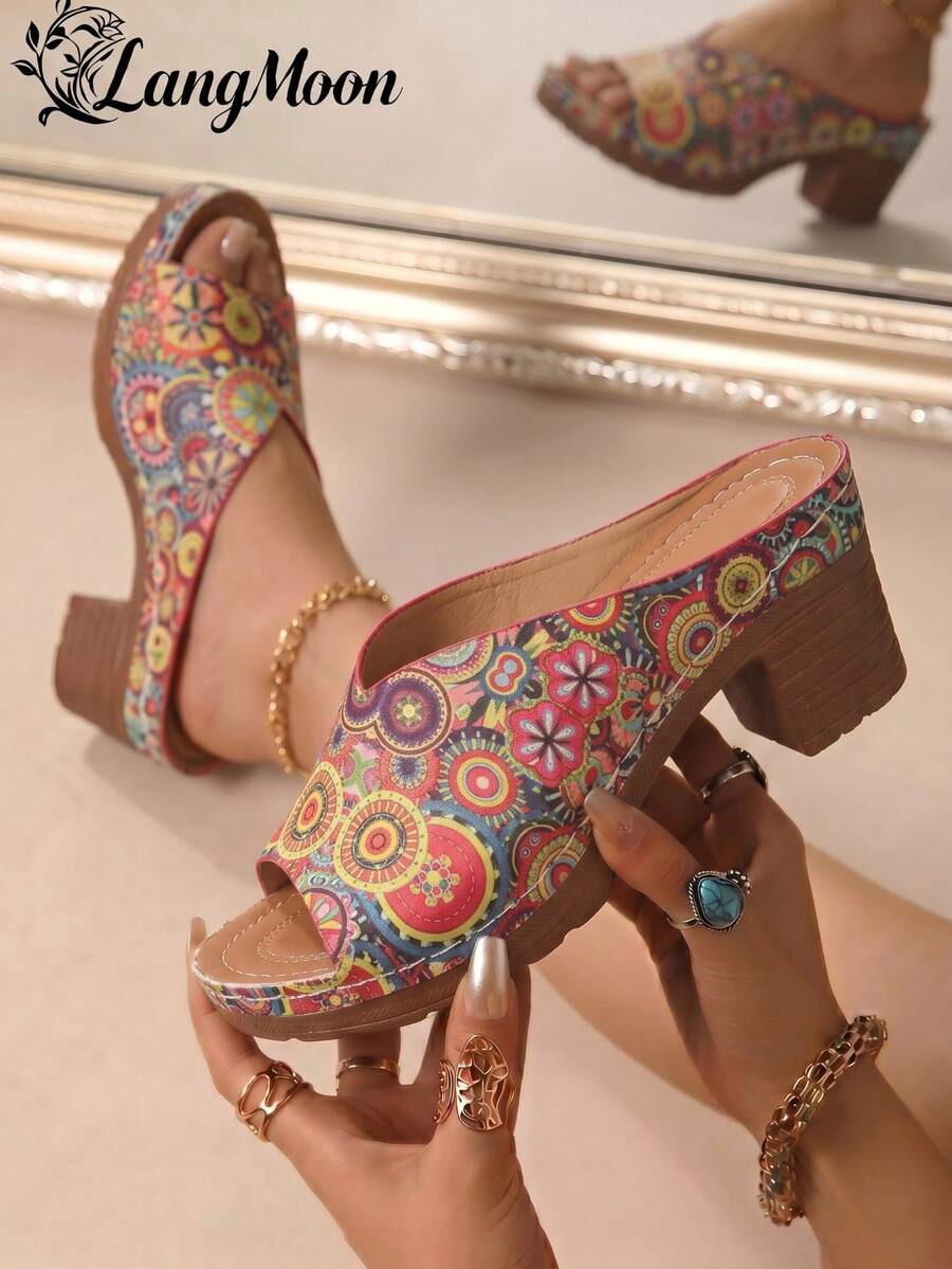 LangMoon 2026 Bohemian Colorful Chunky Heel Sandals For Women, Printed Upper + Stable Thick Heel, Comfortable Non-Slip Durable Sole, Personalized Catching, Suitable For Vacation, Dates, Parties In Spring & Summer