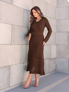 Elegant Women's Midi Knit Dress With Long Sleeves And Lace, Mermaid Style, Ideal For Winter Parties, Shapes The Body. - Màu nâu cà phê - Xem 10