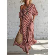 Women's Elegant Striped Off-Shoulder Maxi Dress - Fashionable For Spring - 紅色 - 查看 5