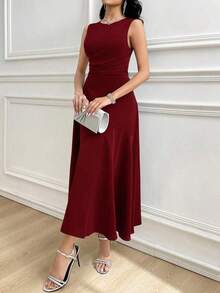 Vestido largo sin mangas de unicolor que ciñe la cintura para mujer - Burdeos - Ver 4