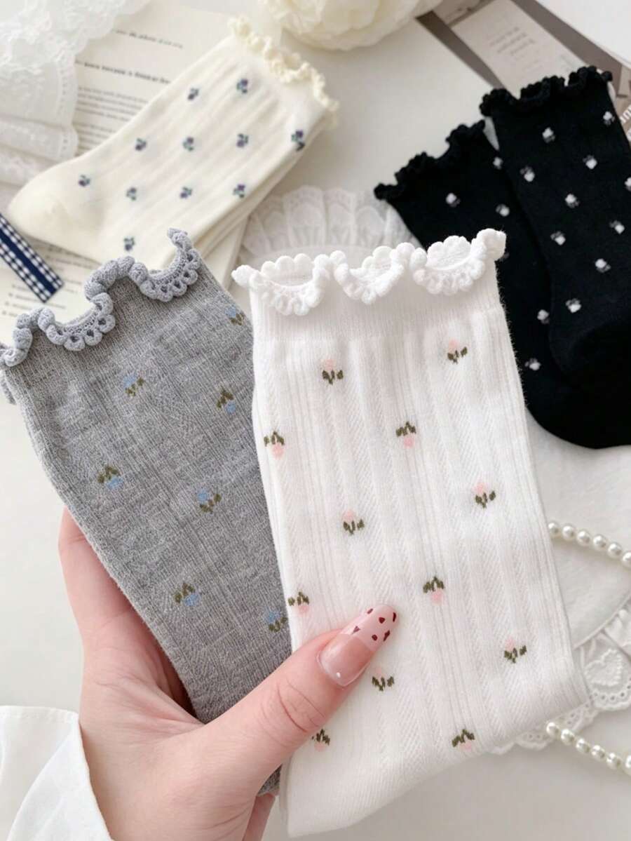 4 pares de calcetines de algodón de media caña con malla floral transpirable y sin costuras para mujeres en primavera, calcetines holgados con puño de burbujas - Multicolor - Ver 1