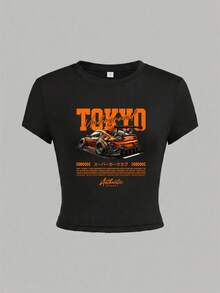 1 pieza Camiseta de mujer de manga corta y cuello redondo ajustada para el verano, con estampado gráfico de la cultura de los automóviles japoneses, camisa corta estilo Y2K,(1 Camiseta only) - Negro - Ver 5