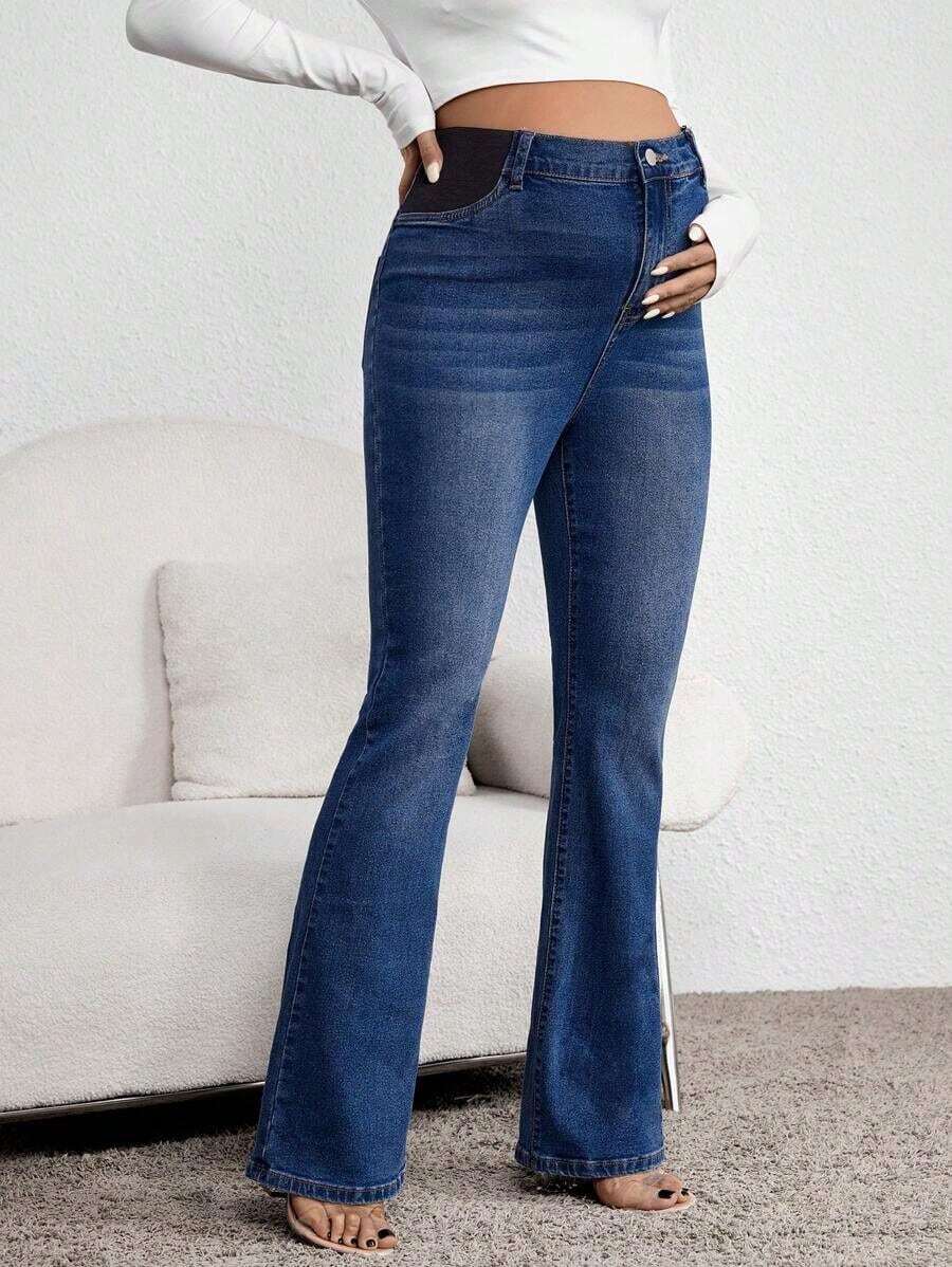 Jeans informales versátiles con bolsillos acampanados para mujeres embarazadas - Azul lavado oscuro - Ver 1