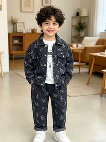 Bộ 2 món áo khoác denim và quần cho bé trai, phù hợp mặc thường ngày, đi học và hoạt động ngoài trời - Xám - Xem 5