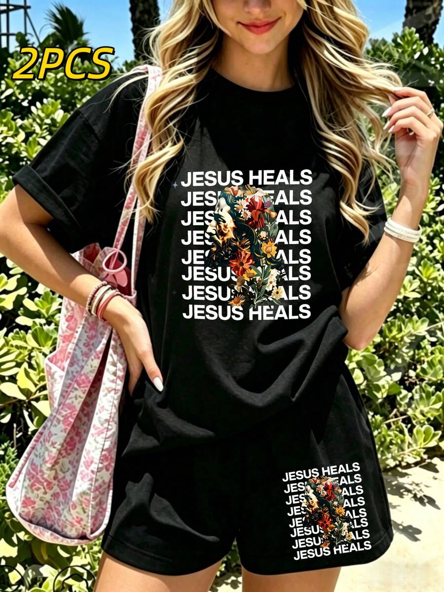 Women Milk Silk Set Top And Shorts 2 Piece Set With Jesus Heals Print And Floral Design For Festival Celebration Friends Gathering Vacation Travel Daily Wear Summer Streetwear Casual Outfit Holiday Party Beach Resort Essential - 黑色 - 查看 1