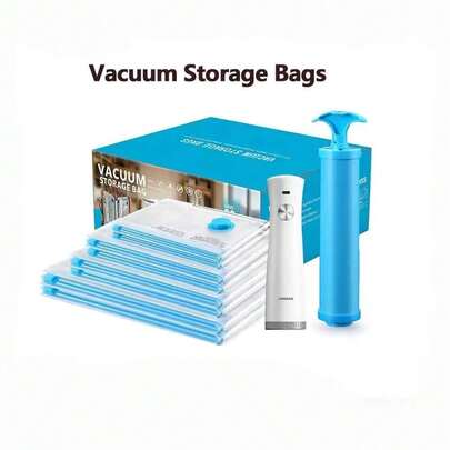 12pcs Vacuum Compression Bags With Hand Pump, Travel Clothes Organizer Bags. Reusable Space Saving Bags For Clothes, Blankets, Bedding, Pillows, Towels And Home Goods. Efficient Packing, Durable Plastic, Airtight Seal, Storage Solution For Closet And Travel