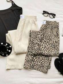 2 piezas Conjunto de pantalones anchos de mujer con rayas casuales - Multicolor - Ver 4
