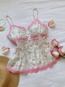 Este camisol de encaje bordado con flores de mujer de 2026 es una pieza elegante para primavera/verano, adecuada para varias ocasiones como vacaciones en la playa, salidas casuales y estilos Y2K/2000.Es perfecto para vacaciones de primavera, - Blanco - Ver 7