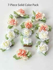 Set de 7 piezas de pinzas para el cabello con flores de tela de estilo fresco, pinzas para el flequillo lateral suave, pinzas para el cabello con flores de rosa de tela, pinzas minimalistas para el flequillo diario de niña - A - Ver 2