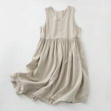 Vestido Casual de Verano 2026 para Mujer, Sin Mangas, de Algodón y Lino, Cuello en V, con Botones, Corte Holgado, Midi - Beis - Ver 1