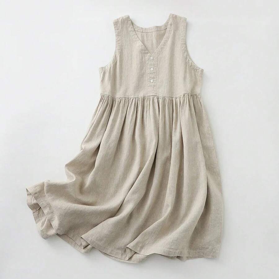 Vestido Casual de Verano 2026 para Mujer, Sin Mangas, de Algodón y Lino, Cuello en V, con Botones, Corte Holgado, Midi - Beis - Ver 1
