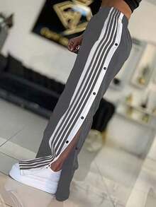 Pantalones de pierna ancha a rayas blancas y azul marino, con rayas blancas y cierre de botones - Pantalones deportivos casuales, de corte holgado, aptos para deportes y uso diario (lavables a máquina) - Aberturas de pierna sin elástico Negro Primavera - Gris - Ver 6