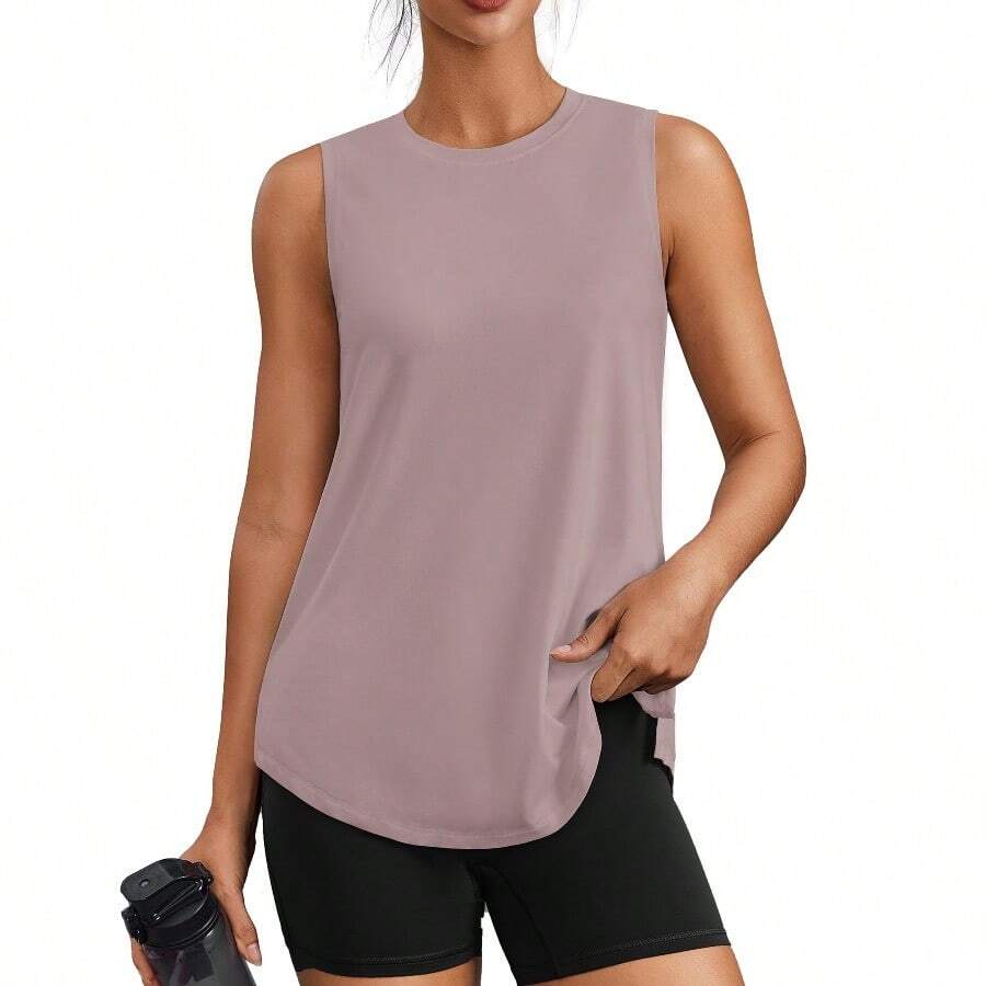 PINSPARK Workout Tops For Women Sleeveless Athletic Tank Tops UPF 50+ Running Tanks With Side Slits Loose Fit Gym Yoga Shirt - Warm Ash Grey - View 1