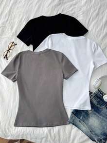 Set de 3 camisetas de cuello redondo de manga corta de ajuste ceñido para mujer, 95% algodón, en negro, blanco y gris, adecuadas para todas las estaciones, interior y exterior, con estilo vintage y lindo para verano, para salidas de verano, en casa, vuelta al colegio, otoño, camisetas básicas versátiles para mujer en paquete de 3 unidades - Multicolor 8 - Ver 2