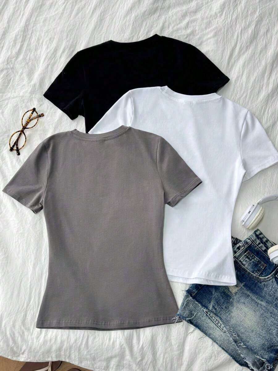 VP6X Set de 3 camisetas de mujer de cuello redondo de ajuste ceñido, 95% algodón, en negro, blanco y gris, aptas para todas las estaciones, interior y exterior, con estilo vintage y lindo para verano, para salidas de verano, hogar, vuelta al cole, otoño, versátil - Multicolor 8 - Ver 1
