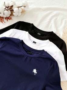 Set de 3 camisetas de mujer de cuello redondo de ajuste ceñido, 95% algodón, en negro, blanco y gris, aptas para todas las estaciones, interior y exterior, con estilo vintage y lindo para verano, para salidas de verano, hogar, vuelta al cole, otoño - Multicolor 16 - Ver 5