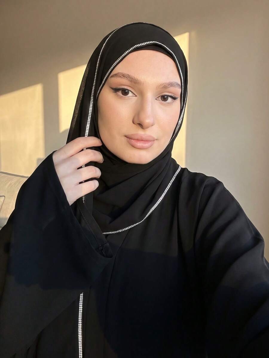 1pc Women's Rhinestone & Pearl Chiffon Solid Color Soft Headscarf, Arabic Casual Long Scarf, Conservative Plain Color Head Wrap, Suitable For Everyday Use For Dress - Black - View 1