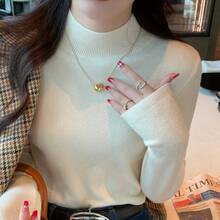 Suéter de cuello alto AOSSVIAO para mujer, moda 2026, nuevas blusas elásticas, jerseys de punto para mujer, suéter de punto de manga larga. - Beige - Ver 3