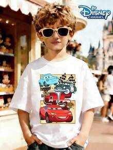 Disney Racing Team, Lightning McQueen Racing Team T-Shirt Print Pattern Summer Tops,Short-Sleeved Casual And Cute Style  Children's Clothing Design, Girl Clothes For Kids Clothes ,Ropa Para Niños,Teen Girls Clothes, Summer Clothes,Boys Summer Outfits,Boys Clothes,Perfect For Cool Girls. Comfortable And Breathable Children's Short-Sleeved T-Shirt. Comfortable And Casual Wear All Year Children's Clothes,Comfortable & Lightweight, Iconic Print For Mix-And-Match Outfits,Suitable For Both Boys And Girls. - White - View 1