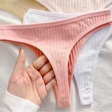 Set Of 5 Comfortable Women's Thong Panties In Ribbed, Highly Stretchy Knit Fabric. - Multicolor - View 4
