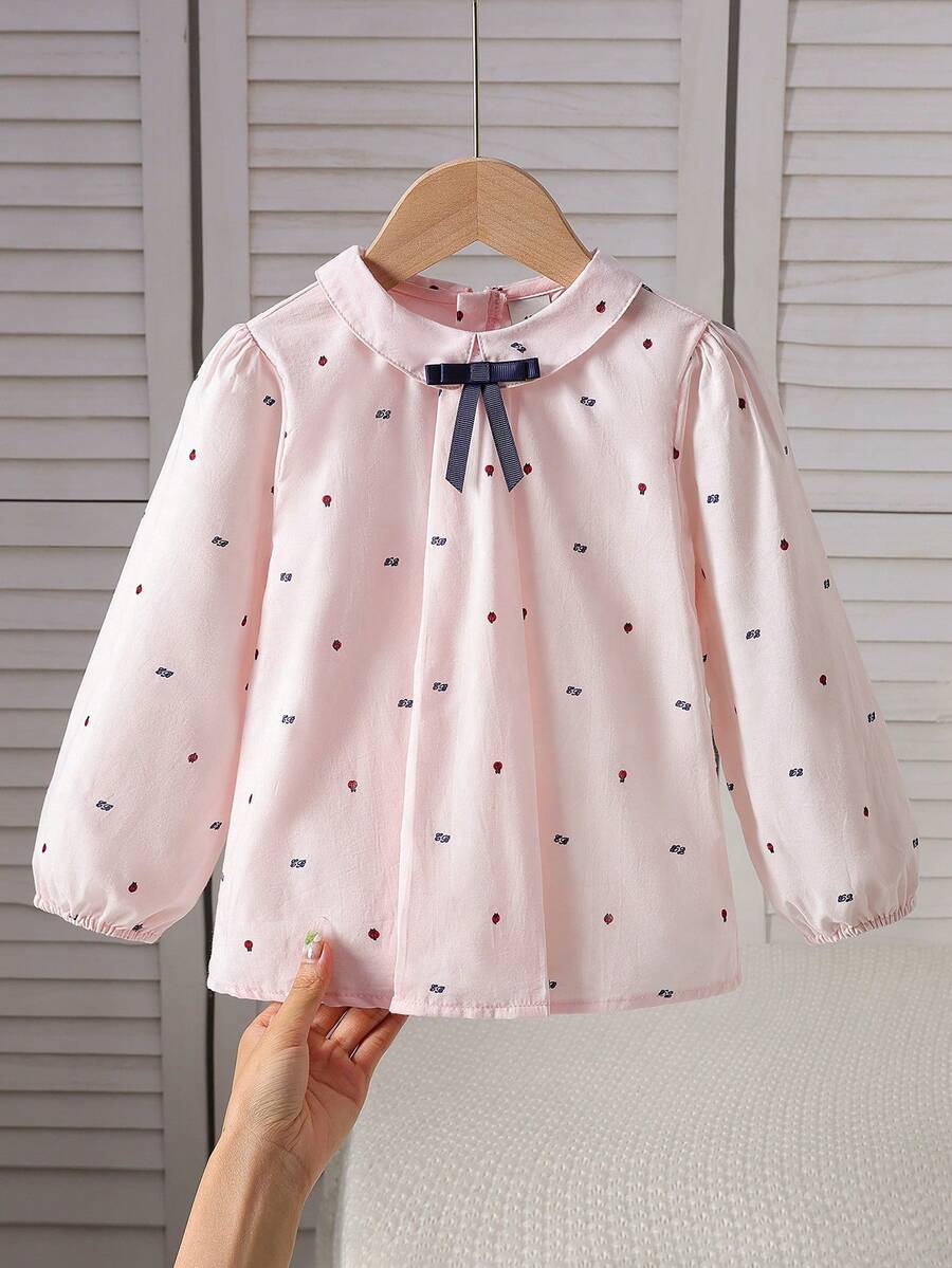 Girls' College Style Lapel Long Sleeve Thin T-Shirt, Spring - Pink - View 1