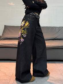 1件美式街頭風女款刺繡寬鬆寬腿牛仔長褲，四季休閒黑色秋季款 - 黑色 - 查看 10