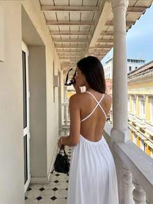 Vestido blanco de mujer sin mangas con cuello en V profundo y espalda abierta, estilo A-line, elegante y casual para resort - Blanco - Ver 6