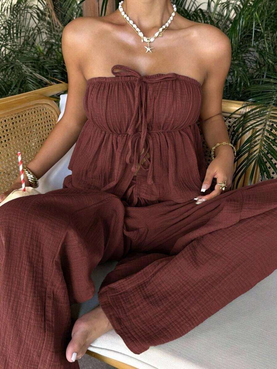 Conjunto informal de camiseta de tirantes y pantalones de algodón tejido azul marino para mujer - Óxido marrón - Ver 1