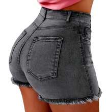 2025 pantalones cortos Retro desgastados con borde rasgado para mujer, pantalones cortos de cintura alta lavados con trasero, bolsillos laterales ajustados, pantalones cortos informales para fiesta y Club - azul claro - Ver 3