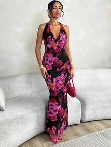 Vestidos nuevos para mujer, ropa de calle de verano, moda Halter, vestido ajustado informal, vestido rojo Sexy estampado sin mangas para mujer, vestido elegante de malla, ropa - Rosa Fucsia - Ver 4