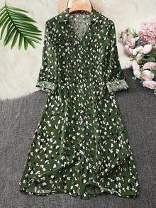 Vestido de gasa floral vintage talla grande para mujer|   Estilo acampanado cosido en la cintura con cuello en V, aspecto elegante que reduce la edad a la moda - Verde - Ver 4