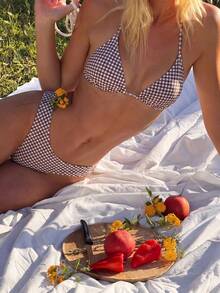 Bộ bikini dây buộc cổ màu nâu kẻ caro hoa văn gợi cảm dành cho nữ, thích hợp cho các bữa tiệc, lễ hội âm nhạc, ngày Valentine; phù hợp cho kỳ nghỉ hè, đi biển và các dịp lễ hội, trang phục mùa hè dành cho nữ. - Nhiều màu - Xem 2