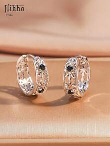 Hihho 1 Đôi bông tai hình tròn rỗng màu đen đính đá Zirconia, thiết kế hoa văn cổ điển bằng đồng, phụ kiện thanh lịch và thời trang, thích hợp làm quà tặng dịp lễ. - Nhiều màu - Xem 3