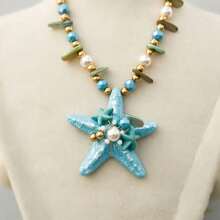 Seaside Vacation Colored Starfish Pendant Beaded Necklace, Long Stylish Ornament For Women - Hồng - Xem 1