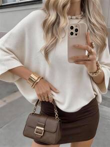 Women's Solid Color Round Neck Casual Versatile Daily Wear Sweater White - White - View 3