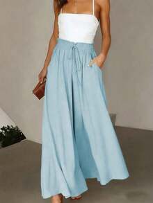 Pantalones anchos, elegantes, plisados, con cintura alta y cinturón para mujer - Albaricoque - Ver 1
