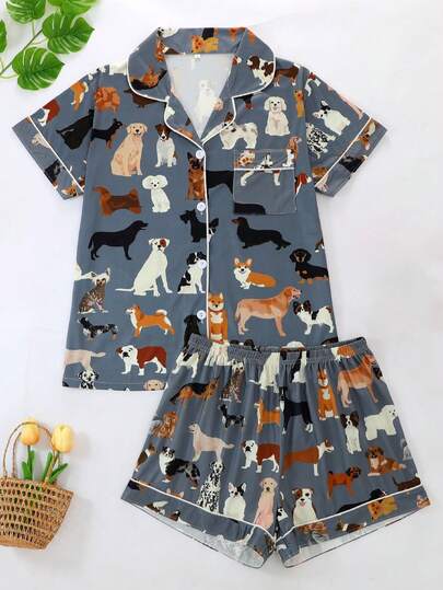 Bộ đồ ngủ tay ngắn mùa hè 2 món cho nữ, áo tay ngắn cài nút ve áo và quần short thun rộng rãi, họa tiết chó hoạt hình, thoải mái và giản dị khi mặc ở nhà, mọi mùa