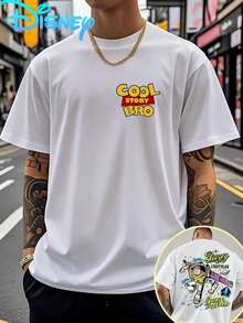 Authorized By Disney, Men's Summer Casual Short Sleeved Pure Cotton T-Shirt - "Toy Story" Buzz Lightyear Themed Print, Breathable And Suitable For Outdoor Sports And Family Leisure, Washable T-Shirt, Comfortable Cotton Fabric, Fashionable Design, Durable Materials, Full Of Vitality. - trắng - Xem 1
