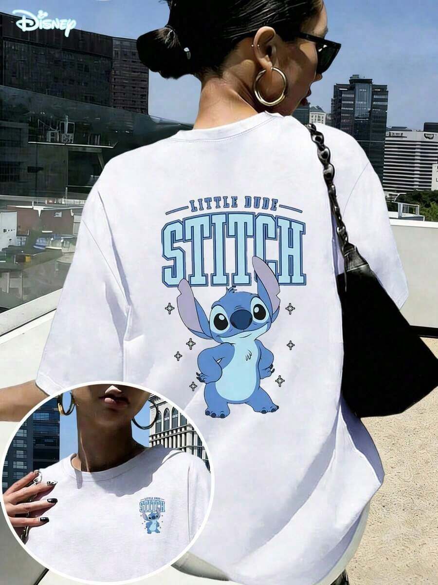 Disney Lilo & Stitch "Little Dude" Oversized T-Shirt: White Loose Fit Cotton Tee With College Style Double-Sided Graphic, Perfect For Theme Park Visits, Casual Wear And Stitch Fans, Ideal Gift --Disneys Disneyland Paris The Magic Kingdom Disneyesque B6Holiday Gifts Valentine's Day Gifts Earth Day Gifts Oktoberfest Gifts Summer Bank Holiday Gifts - trắng - Xem 1